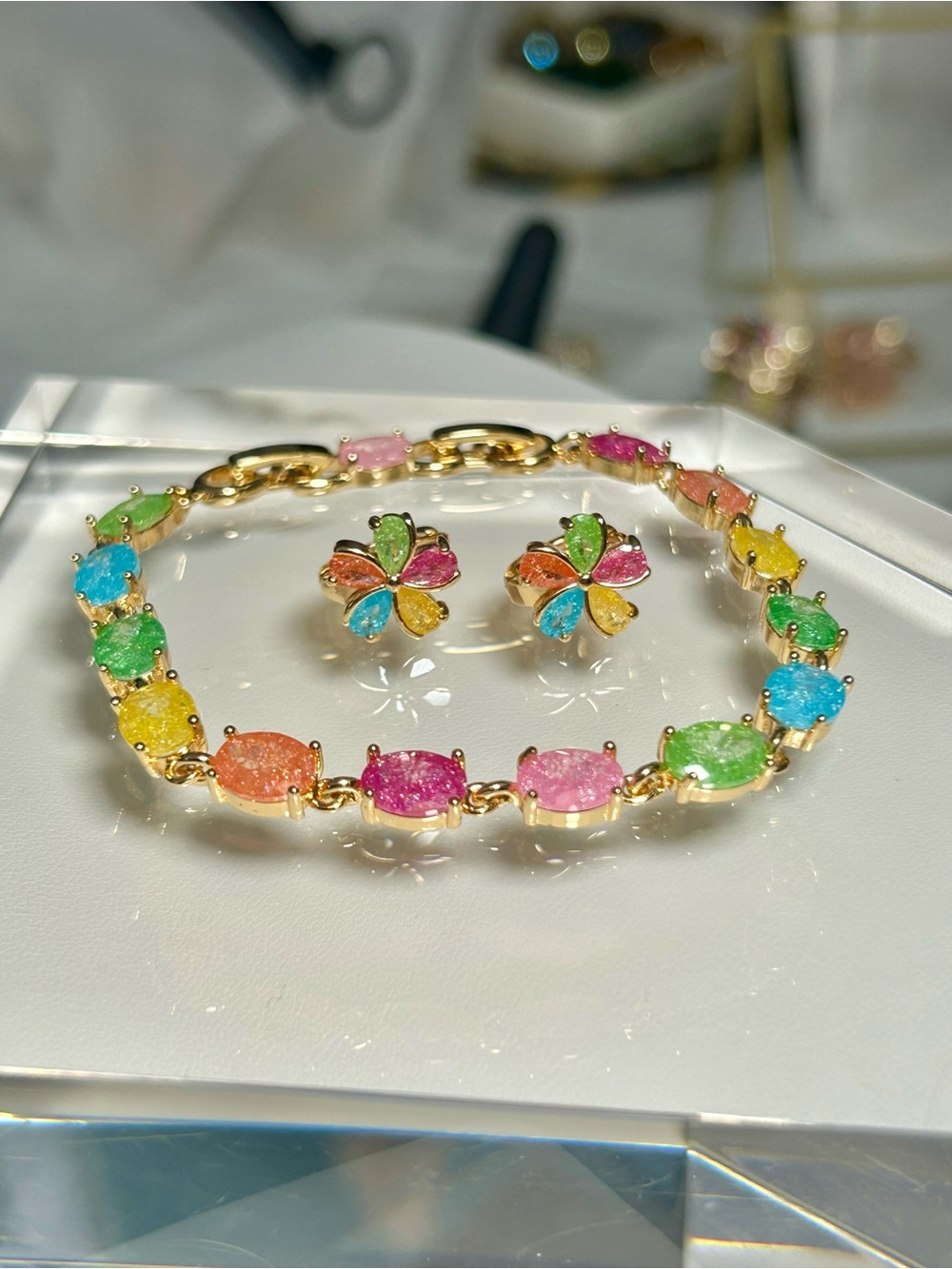 18K Gold-Plated Candy Galaxy Bracelet & Flower Earrings Set